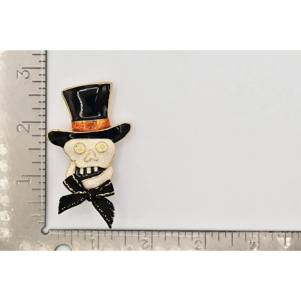 Vintage Halloween Skull Pin Brooch Skeleton Top Hat Glitter Enamel Chunky BinBA